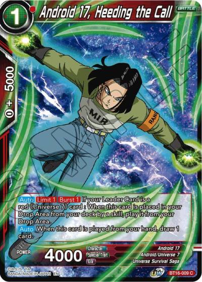 Android 17 Heeding the Call Foil BT16-009 Realm of the Gods Dragonball Super card