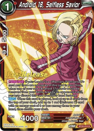 Android 18 Selfless Savior BT20-010 Power Absorbed Pre-Release Cards Dragonball Super card
