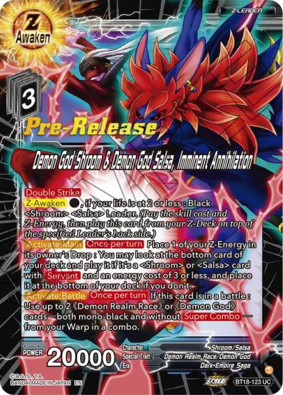 Demon God Shroom and Demon God Salsa Imminent Annihilation BT18-123 Dawn of the Z-Legends Pre-Release Cards Dragonball Super card