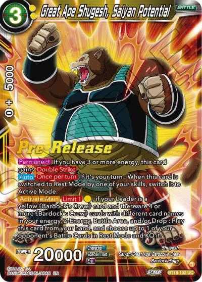 Great Ape Shugesh Saiyan Potential BT18-102 Dawn of the Z-Legends Pre-Release Cards Dragonball Super card