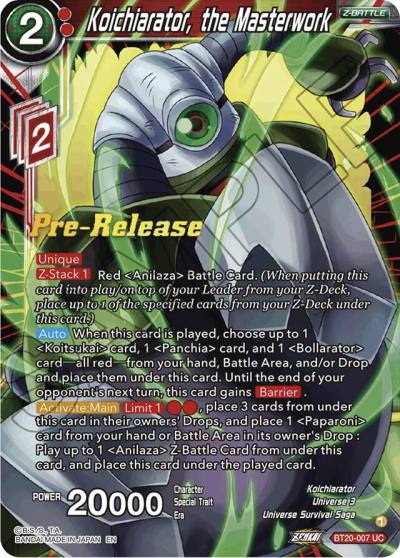 Koichiarator the Masterwork BT20-007 Power Absorbed Pre-Release Cards Dragonball Super card