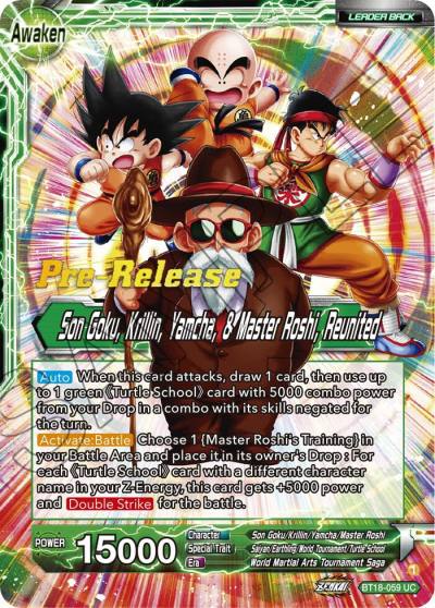 Master Roshi Son Goku Krillin Yamcha and Master Roshi Reunited BT18-059 Dawn of the Z-Legends Pre-Release Cards Dragonball Super card