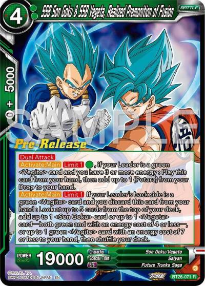 SSB Son Goku and SSB Vegeta Realized Premonition of Fusion BT26-071 Ultimate Advent Pre-Release Cards Dragonball Super card
