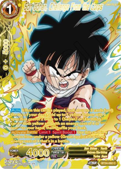 Son Gohan Challenge From the Corps Collector Booster Gold BT24-092 Beyond Generations Dragonball Super card